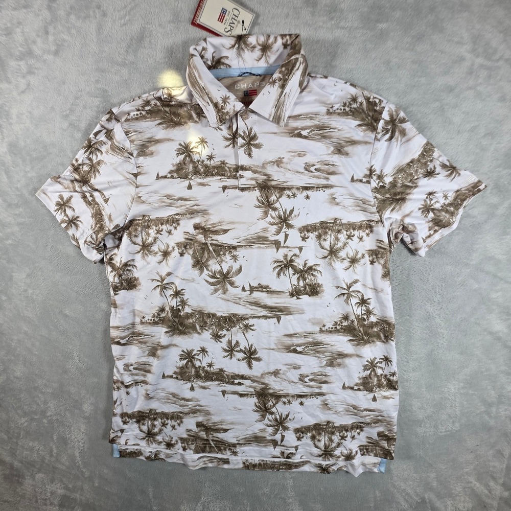 Chaps Men Everyday Performance Polo Shirt L Khaki Palm Tree Tropical Nautical